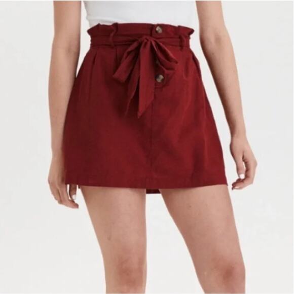 American Eagle Red Button Down High Rise Paperbag Tie Skirt Extra Small - Picture 1 of 8
